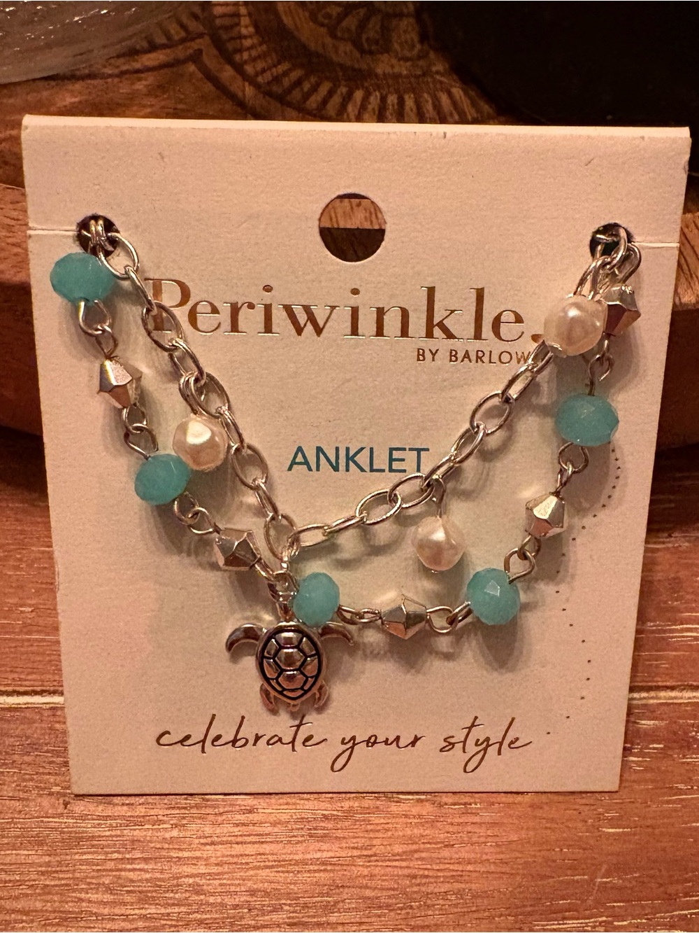 Periwinkle by Barlow-Silver Turquoise Bead and Turtle Charm Anklet